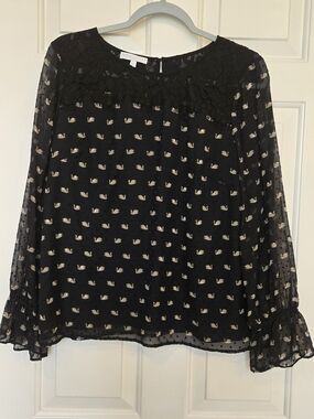 Talbots Black Sheer Blouse with Cream Swan Motif